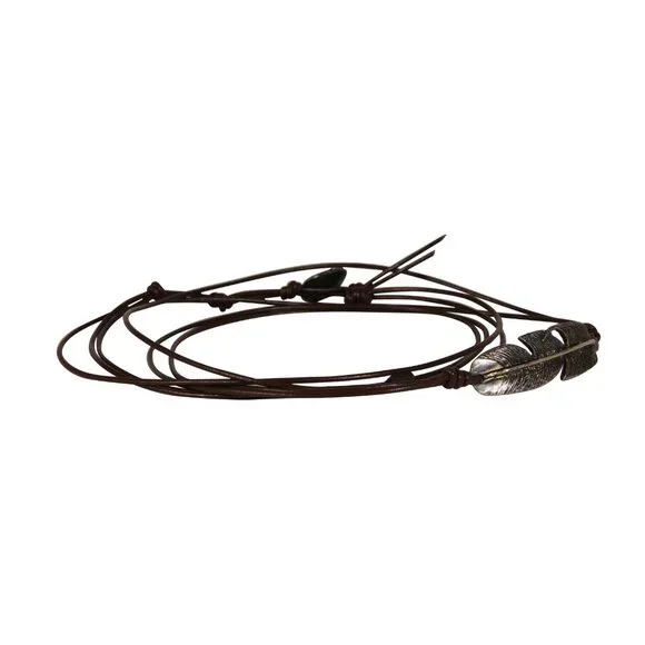 M Cohen Brown Leather Rope Feather Bracelet 925 Silver Convertible Necklace